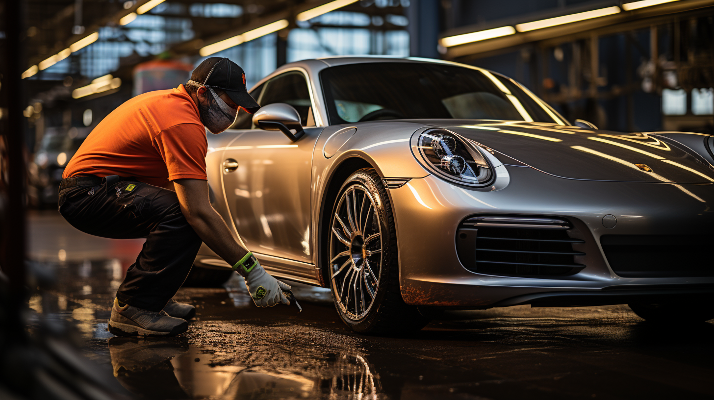 a silver porsche's wheels being restored to factory condition after being treated for curb rash