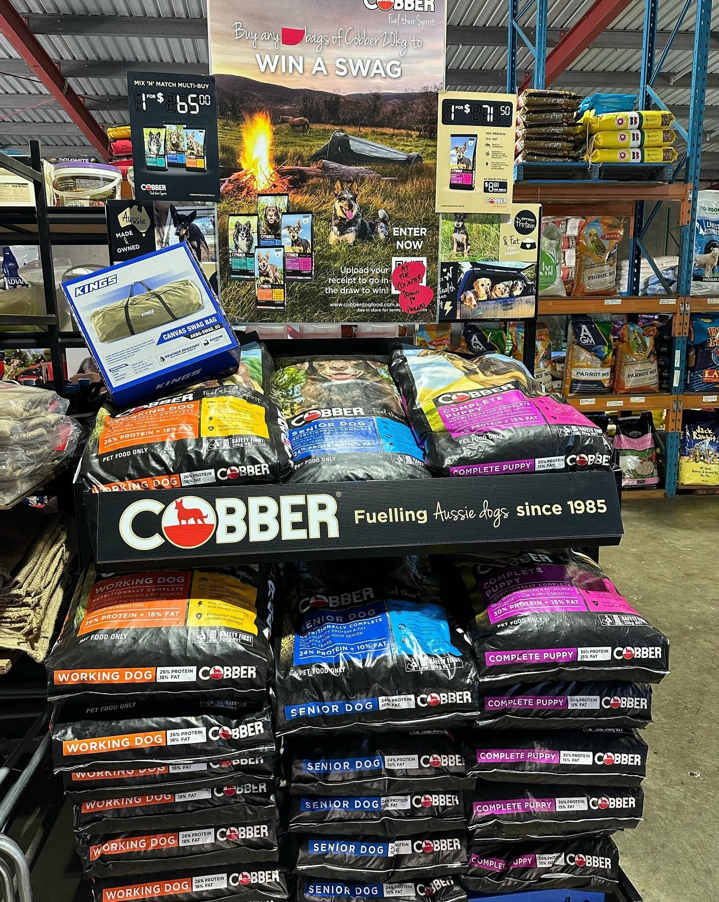 Display of Cobber Dog Food Bags in a Store — North Coast Stock Feeds in Ballina, NSW