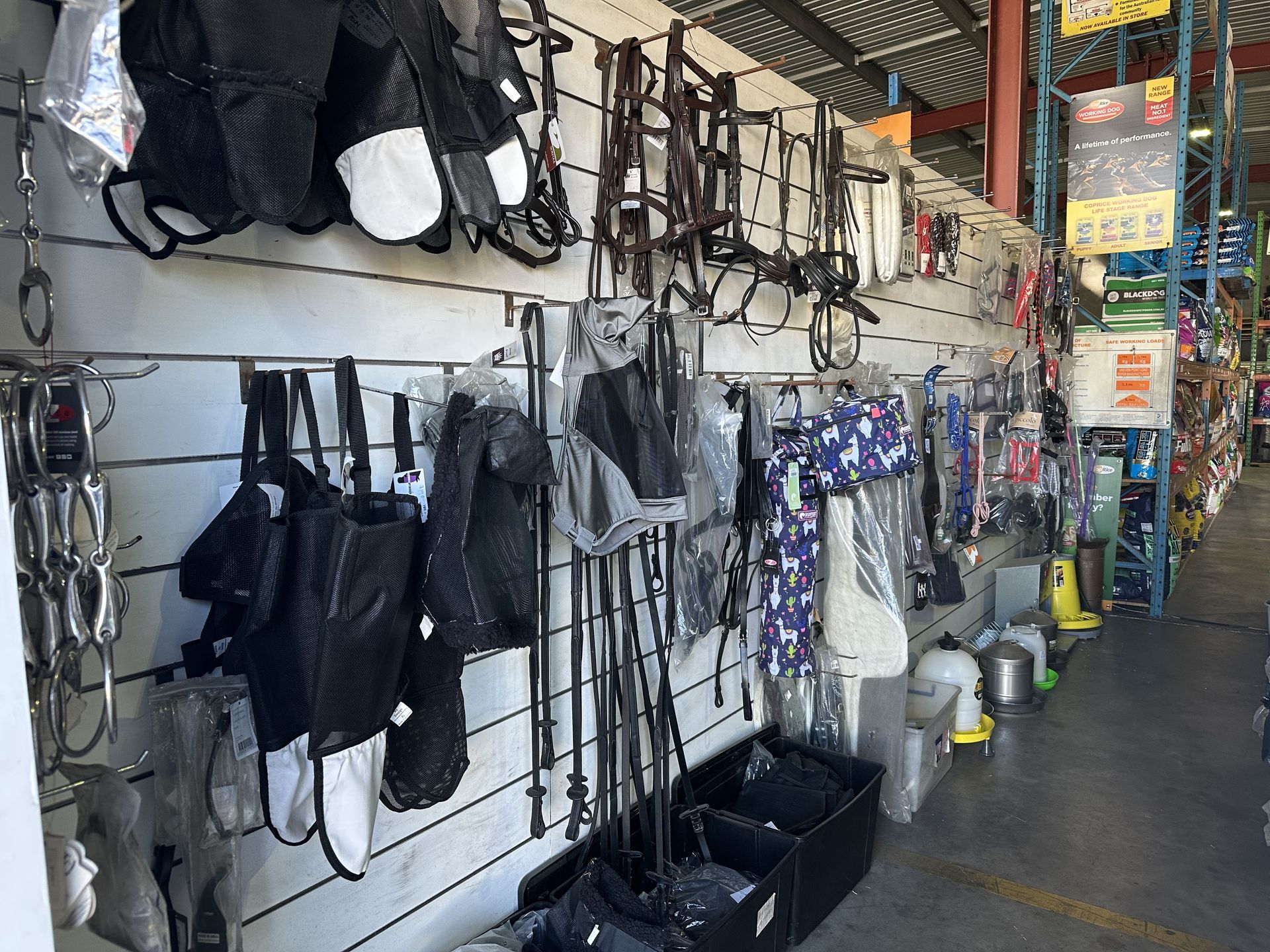 A retail aisle in an equestrian supply store with various horse tack, harnesses, and protective gear hanging on wall slats.
