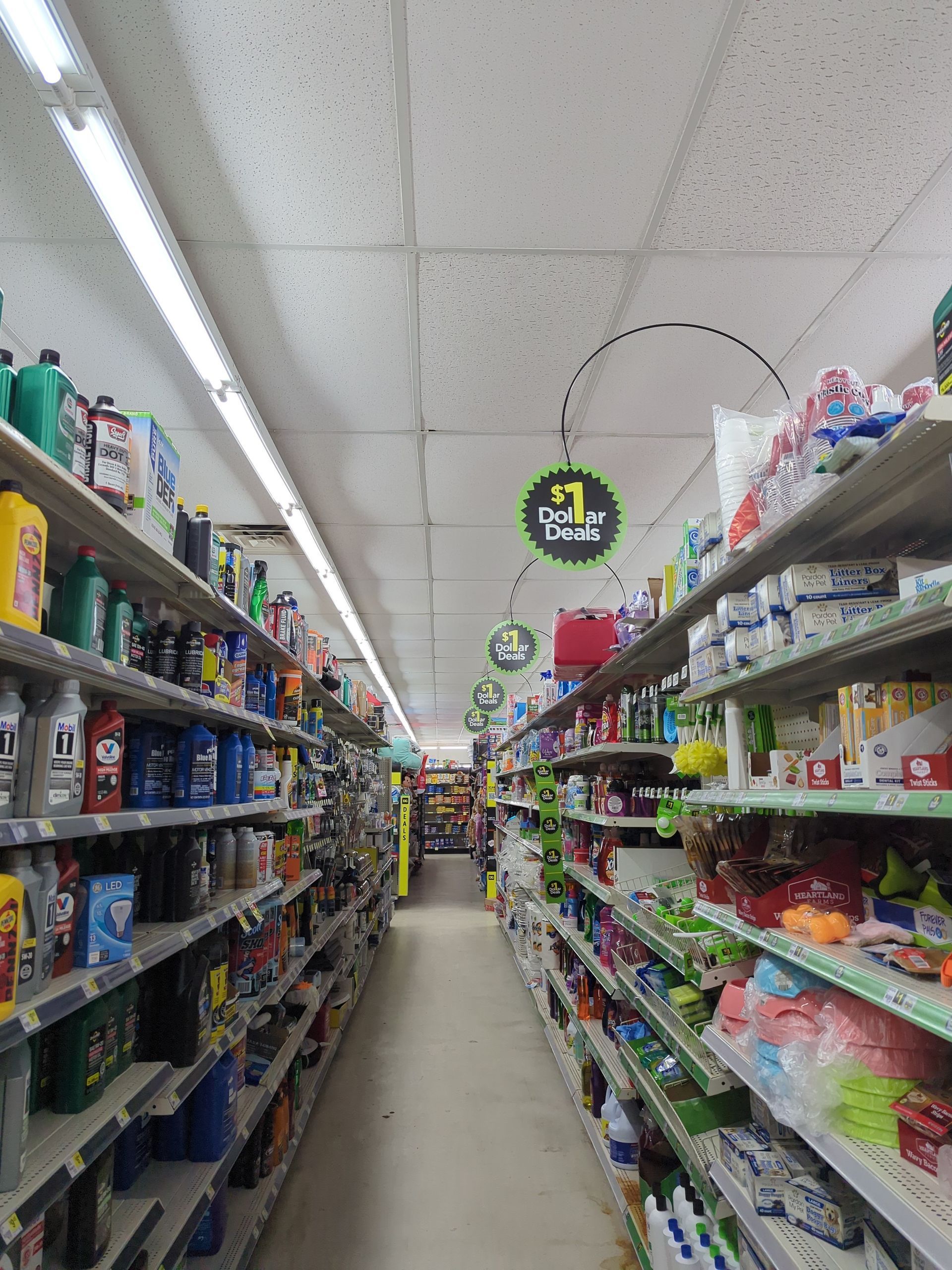 A narrow aisle inside a Dollar Tree store, lined with shelves stocked with various cleaning and household products.
