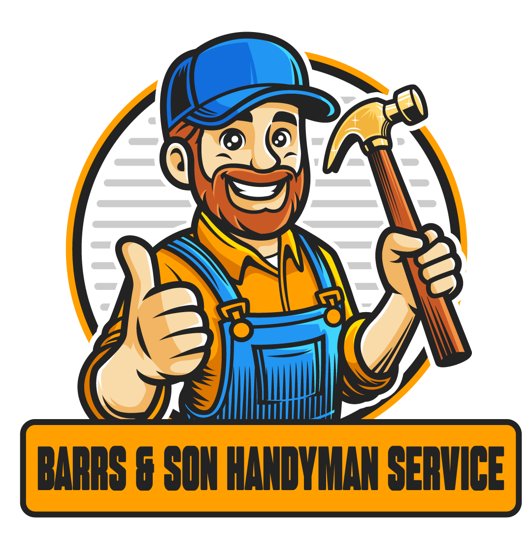 A logo for Barrs & Son Handyman Service featuring a smiling worker in overalls and a cap holding a hammer and giving a thumbs up.