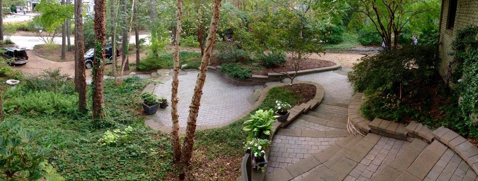 Large Open Hardscaped Area With Stone Steps And Multiple Trees — Virginia Beach, VA — Gentle Rain