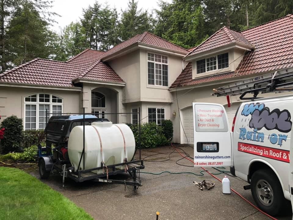 A white van is parked in front of a large house.
