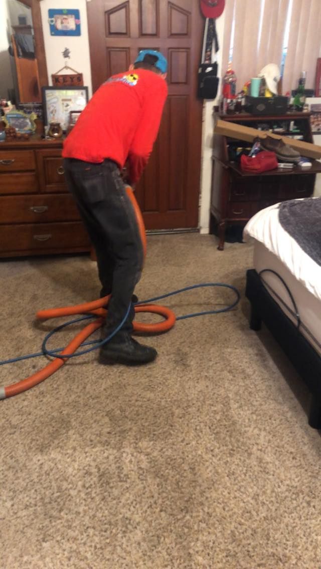 A man in a red shirt is cleaning a carpet in a bedroom.