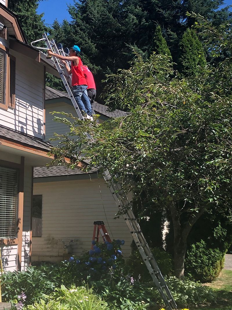 A man is standing on a ladder on the roof of a house.