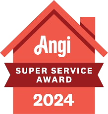 A red house with a red ribbon that says `` angi super service award ''.