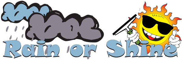 A logo for Rain or Shine with a cartoon sun wearing sunglasses.