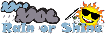 A logo for Rain or Shine with a cartoon sun wearing sunglasses.