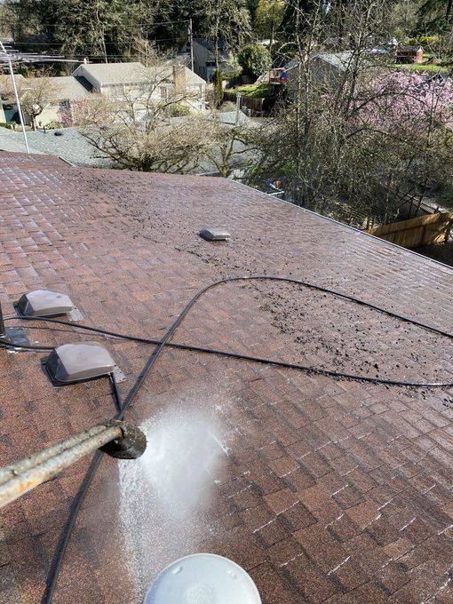 A person is cleaning a roof with a pressure washer.