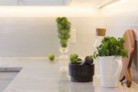 Un comptoir de cuisine avec un mortier et un pilon et une tasse d'herbes.