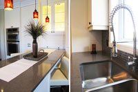 Une cuisine avec un évier en inox et un robinet en inox.