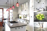 Une cuisine avec des armoires blanches et des comptoirs en granit et un bol de pommes sur le comptoir.