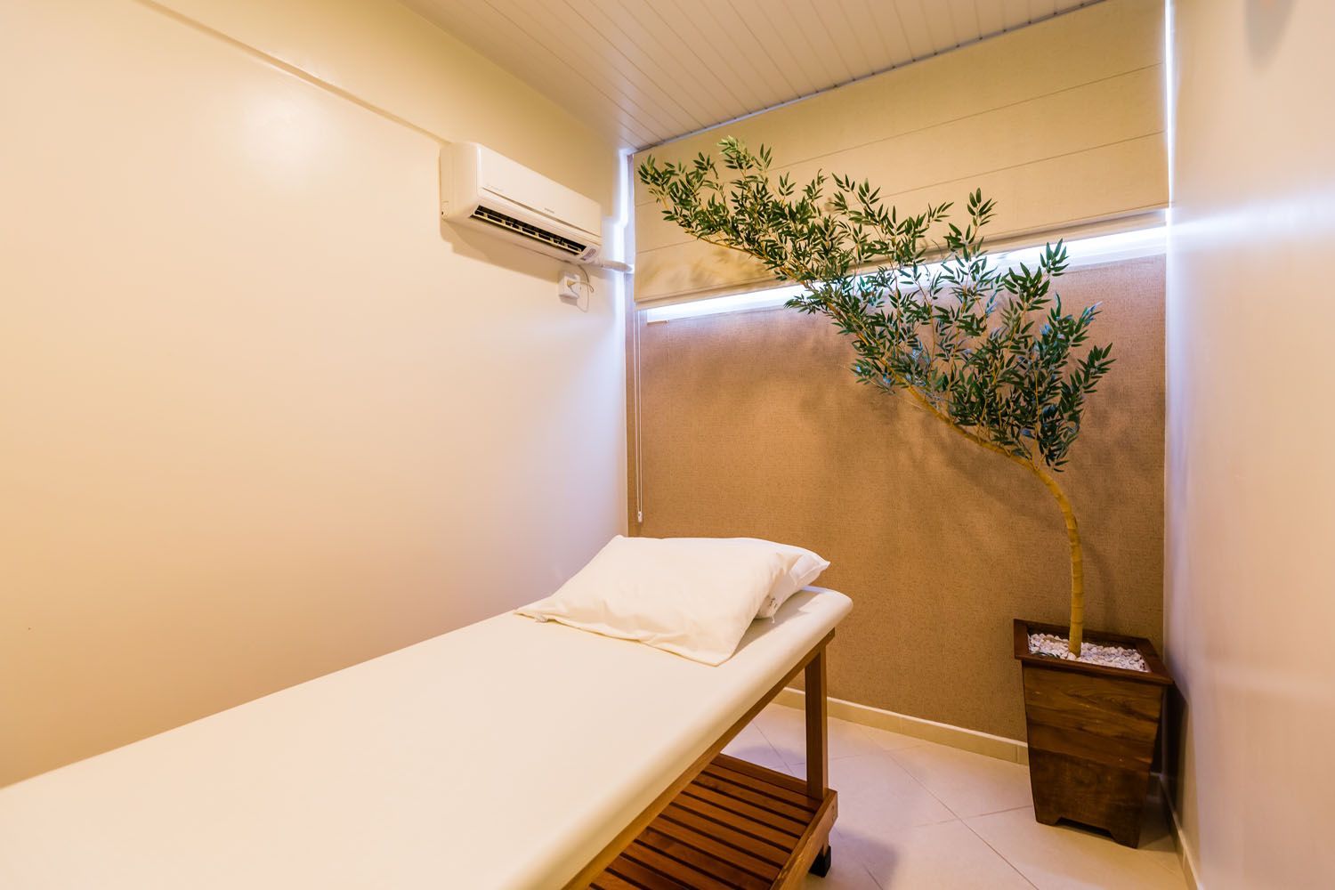 Uma sala com mesa de massagem e vaso de plantas.