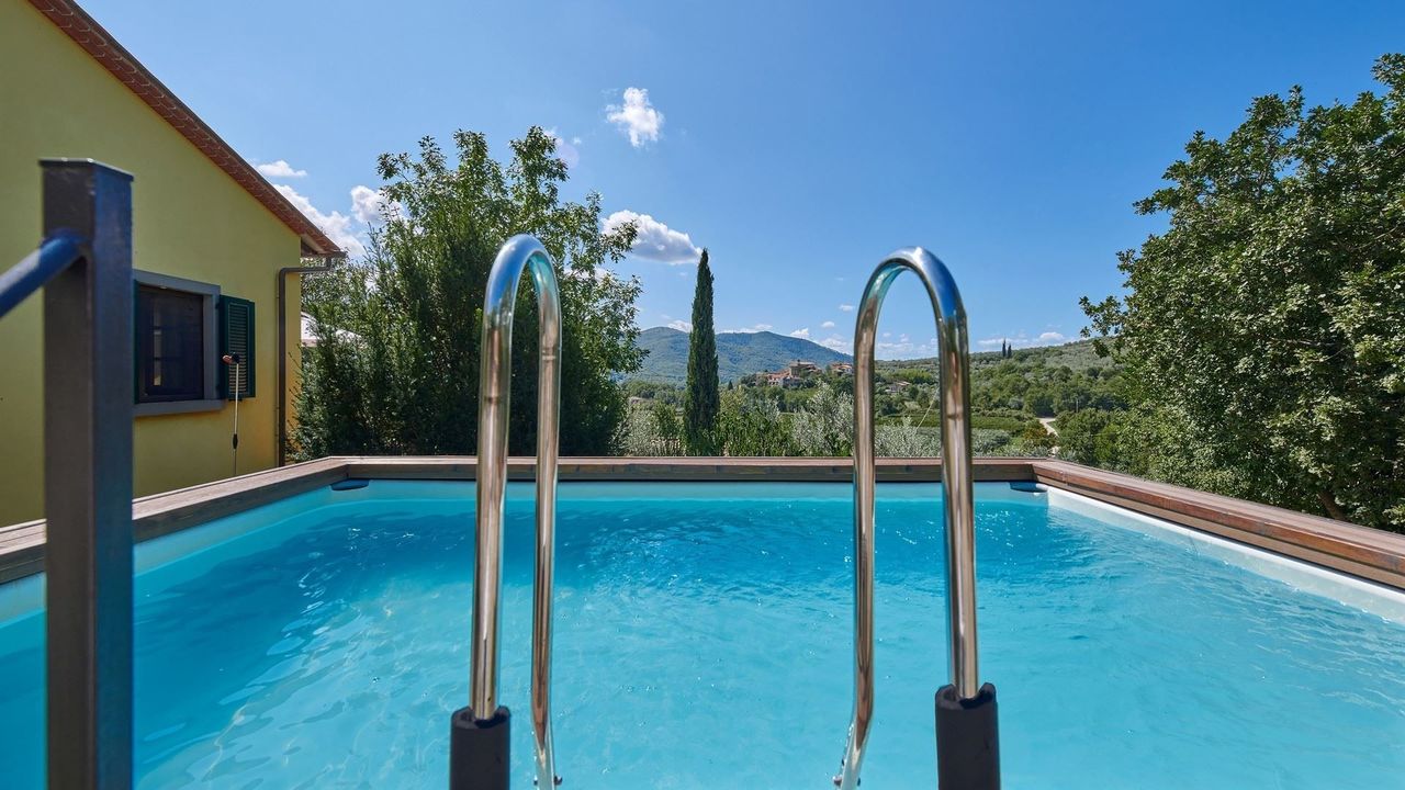 Swimming pool with metal ladder, overlooking a hillside on a sunny day.