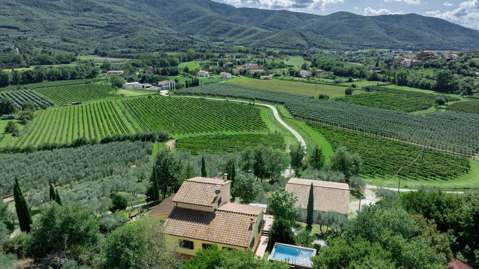 Vista aerea di una villa toscana con vigneti, frutteti e montagne sullo sfondo.