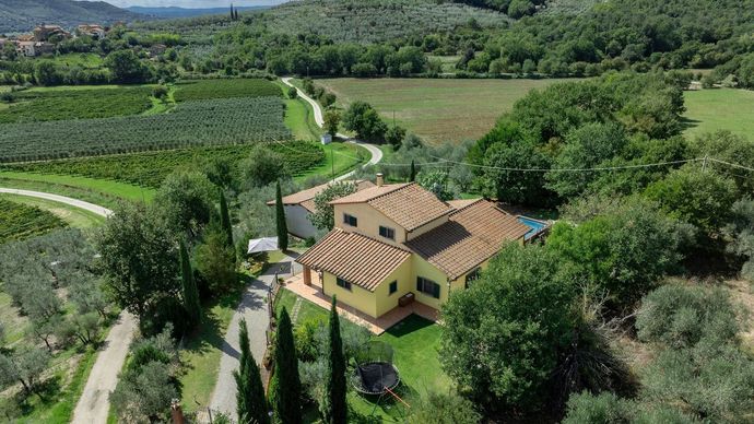 Yellow house nestled in green countryside, with winding driveways and surrounding trees.