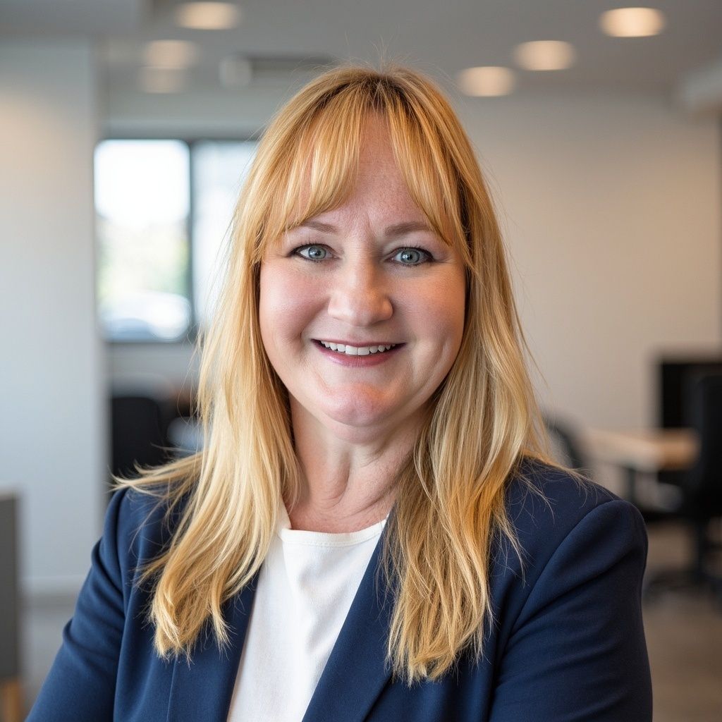 Woman with blonde hair wearing a navy blazer and white shirt, smiling in an office setting.