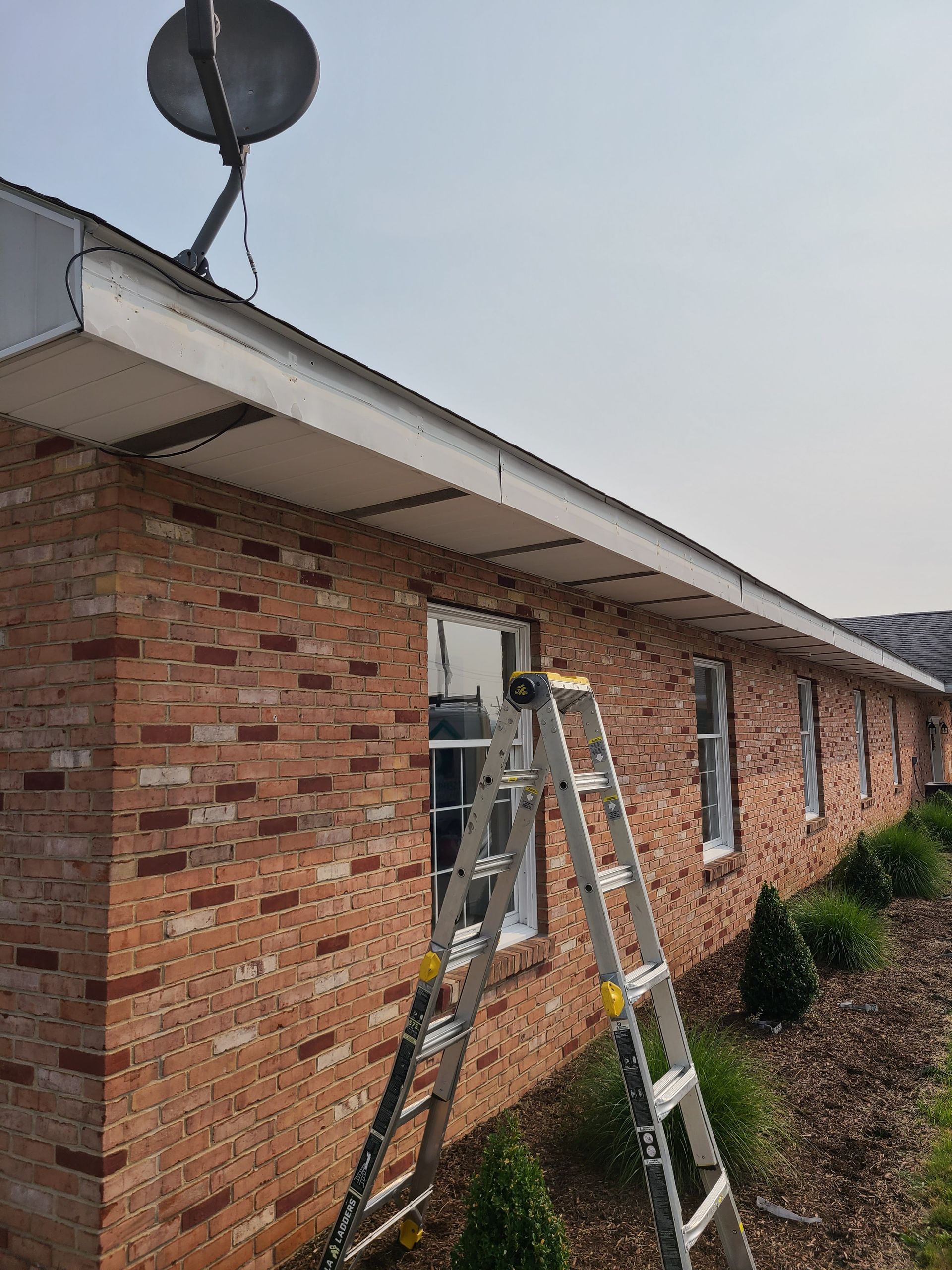 Brick building exterior with a satellite dish, ladder near a window, and landscaping.