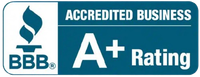 BBB Accredited Business with an A+ Rating badge, white and teal color scheme.