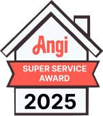 Angi Super Service Award badge, 2025. House outline with red ribbon, white background.