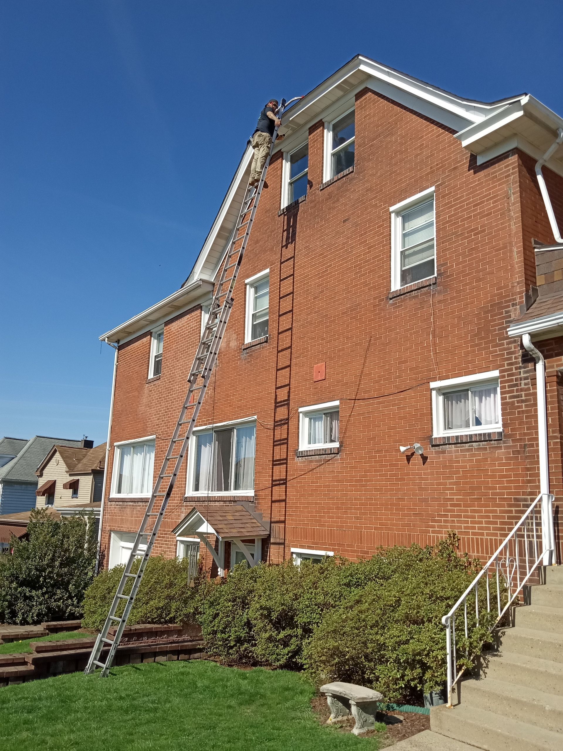 Ladder leaning against a brick building; person on roof.