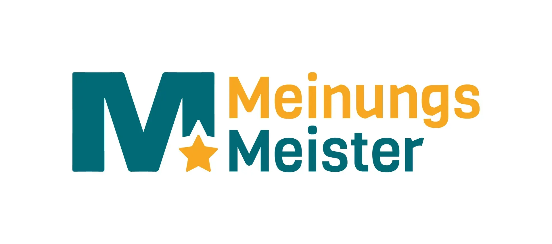 Das Logo zeigt ein türkisfarbenes „M“ mit einem eingebetteten goldenen Stern, daneben den Schriftzug „Meinungs Meister“ .