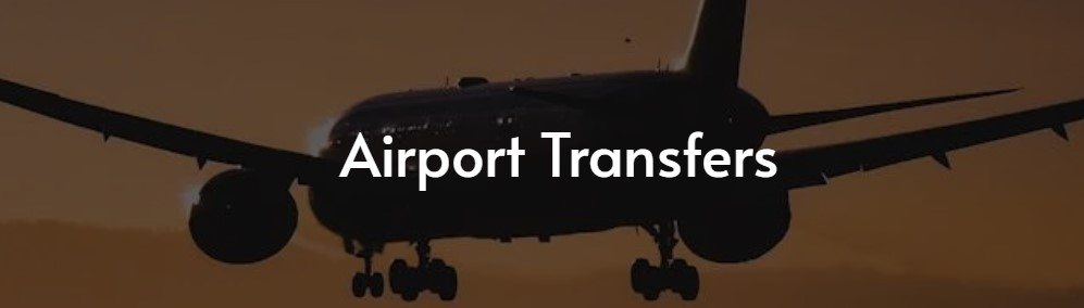 Photo of an airplane, shadowed with the sunset behind it. Words Airport Transfers written across the airplane image.