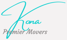 A blue and white logo for Kona Premier Movers