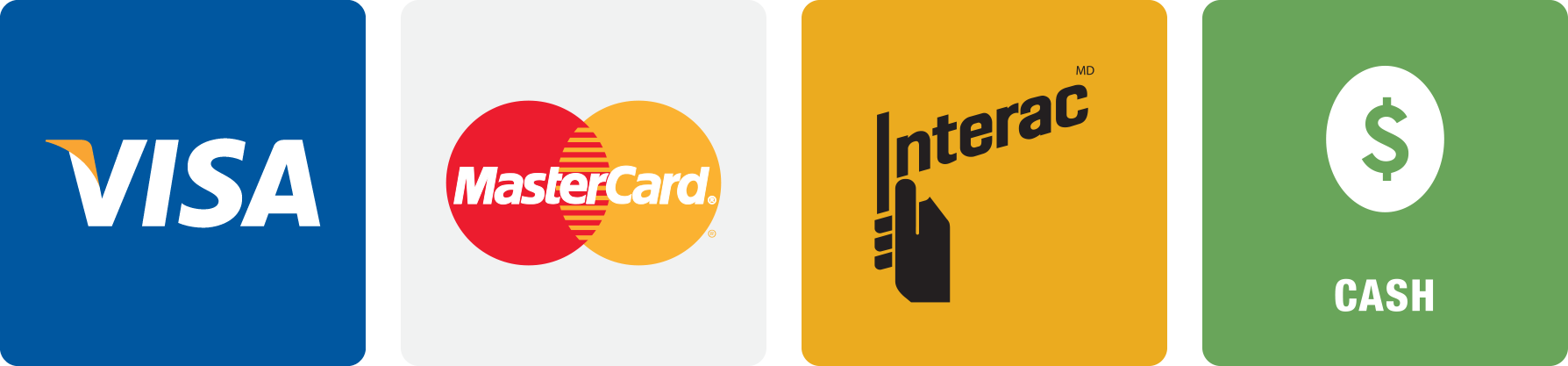 Un visa, une mastercard, une interac et des logos en espèces