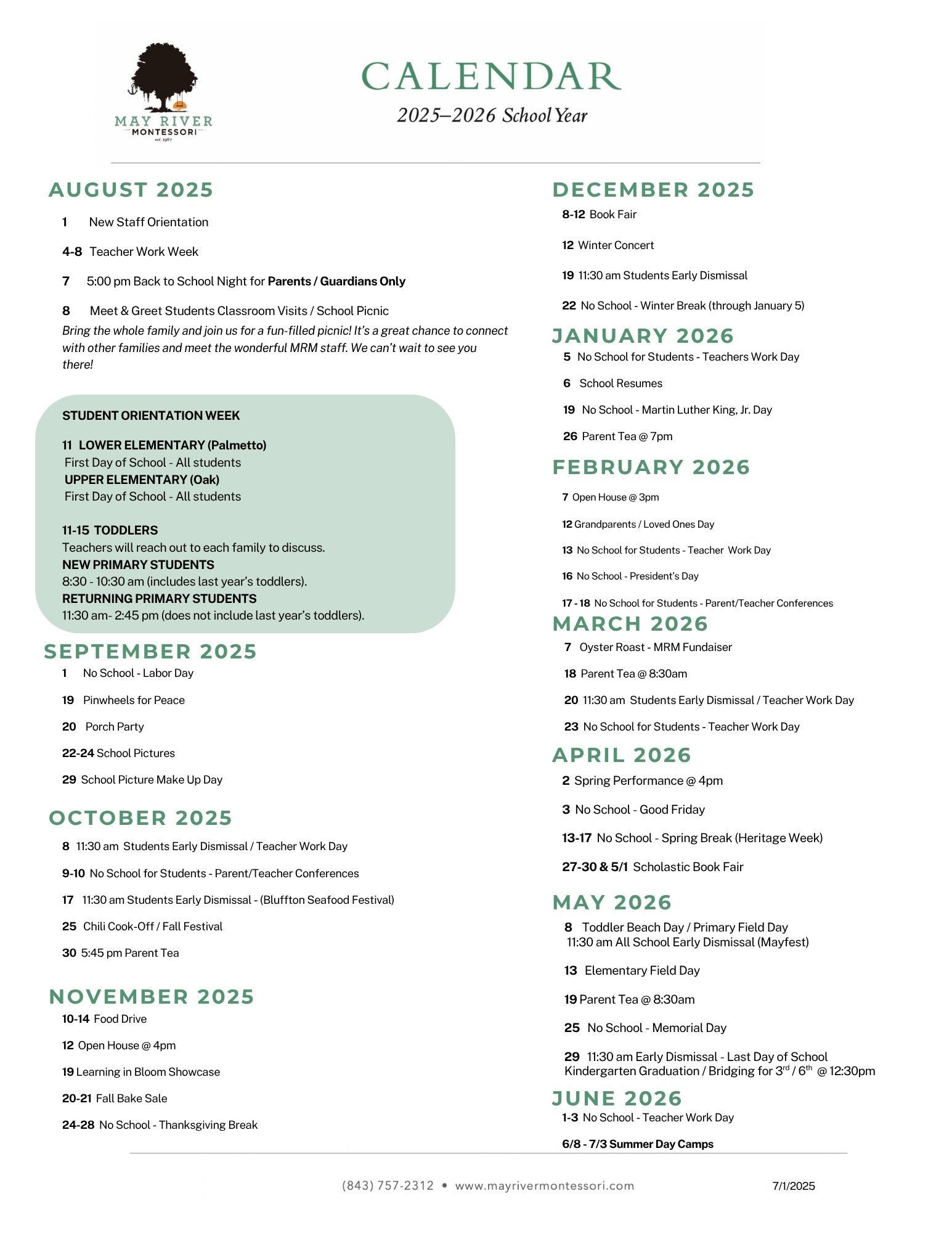 A may river montessori school calendar for 2025-2026