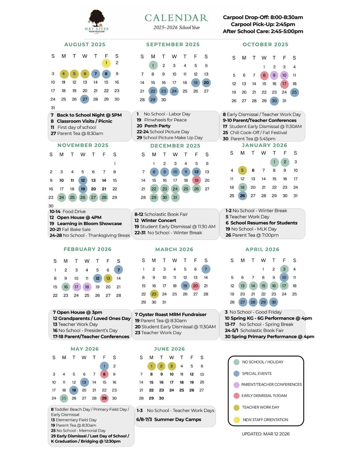 A may river montessori school calendar for 2025-2026