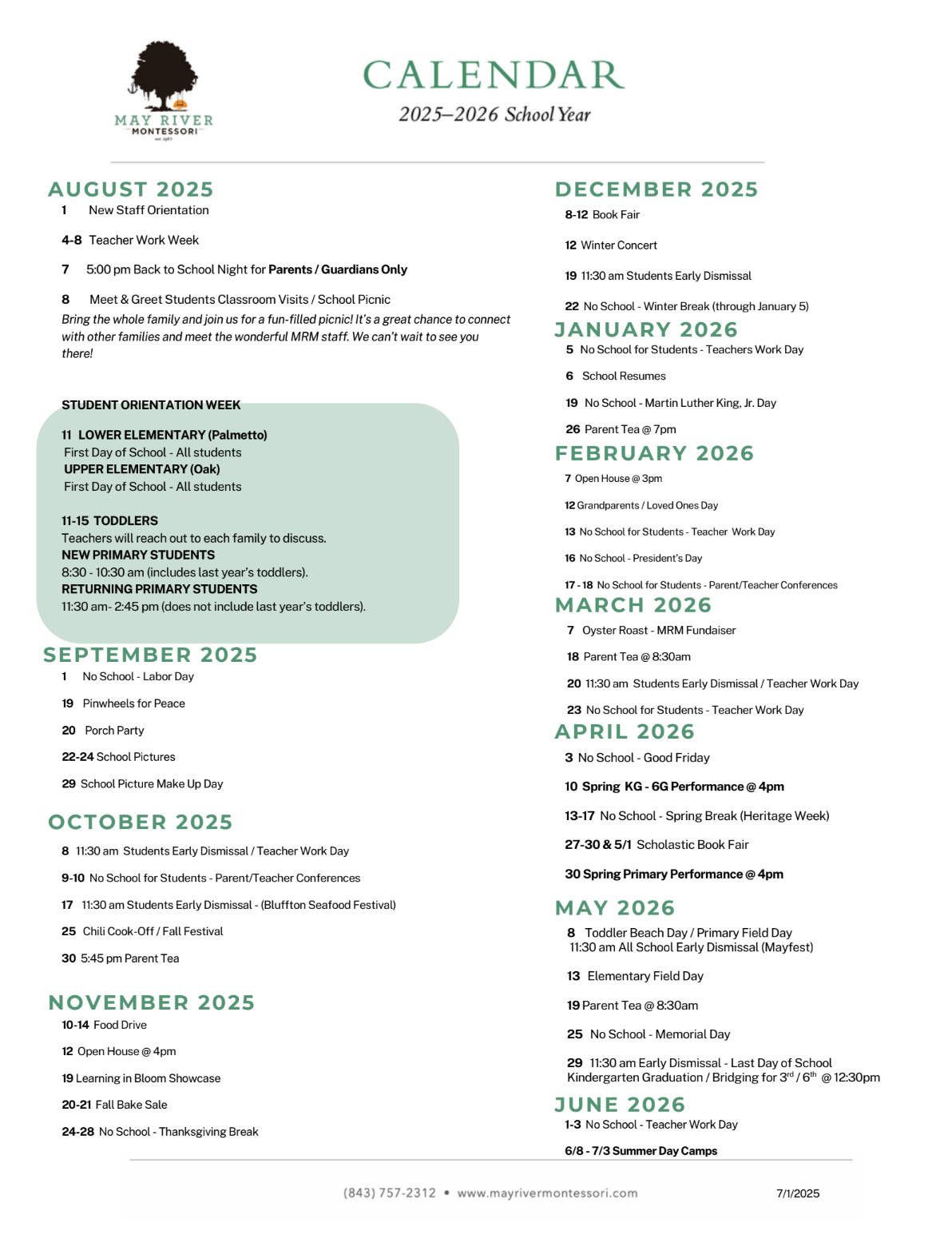 A may river montessori school calendar for 2025-2026