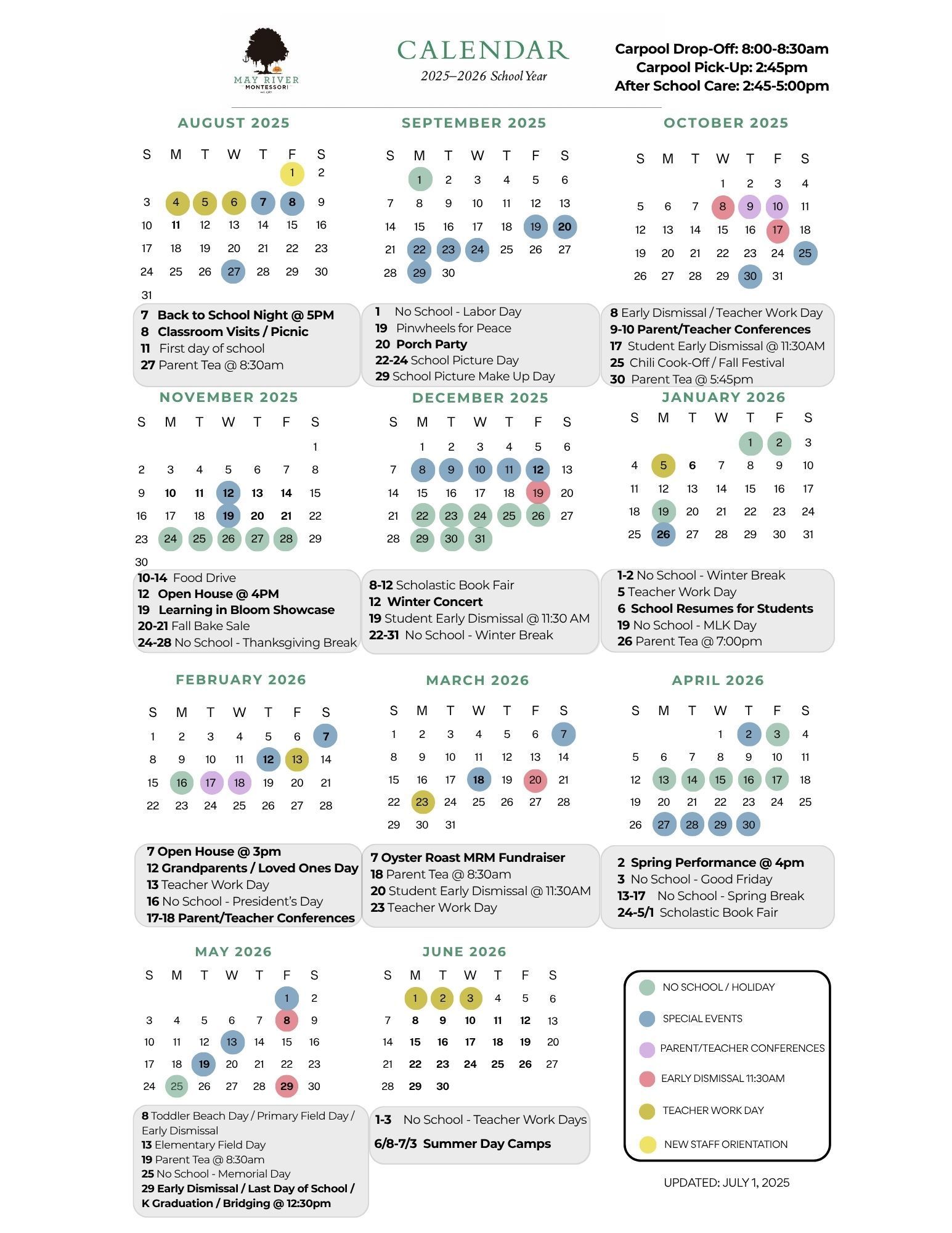 A may river montessori school calendar for 2025-2026