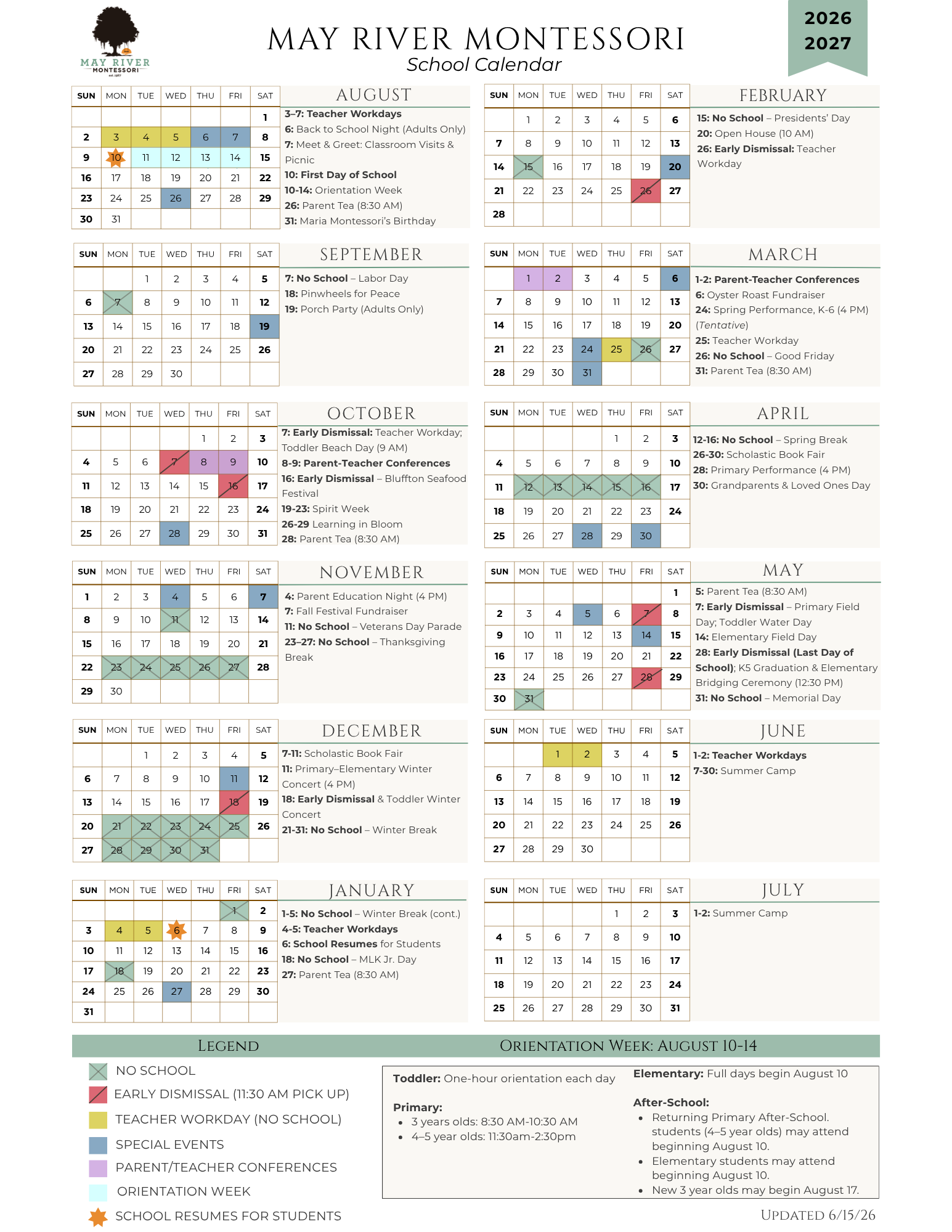 A may river montessori school calendar for 2026-2027