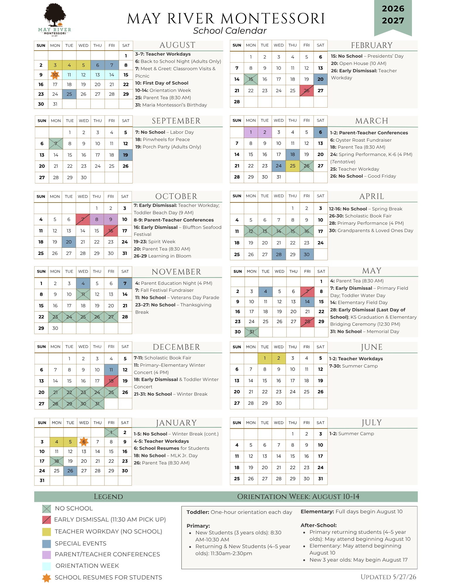 A may river montessori school calendar for 2026-2027