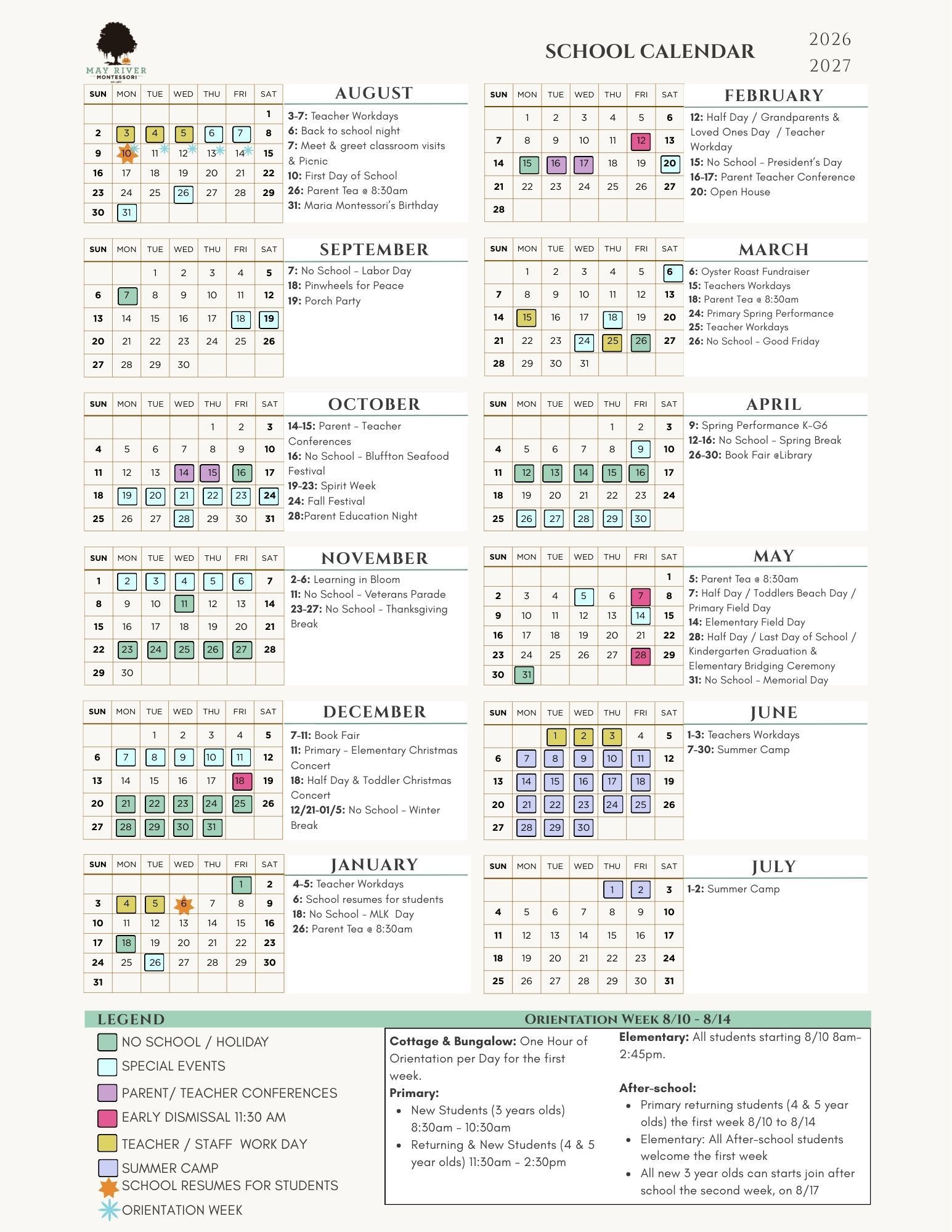 A may river montessori school calendar for 2026-2027