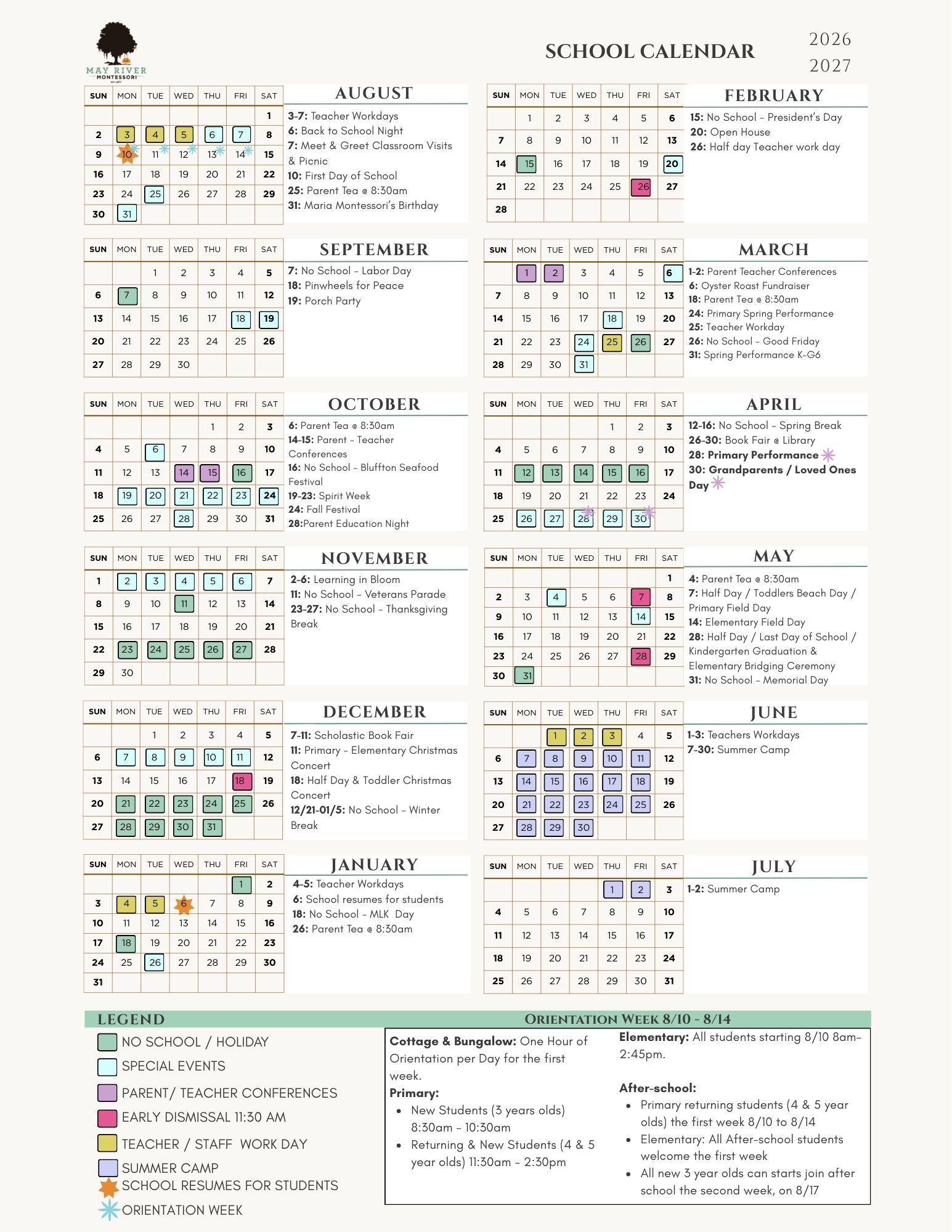 A may river montessori school calendar for 2026-2027
