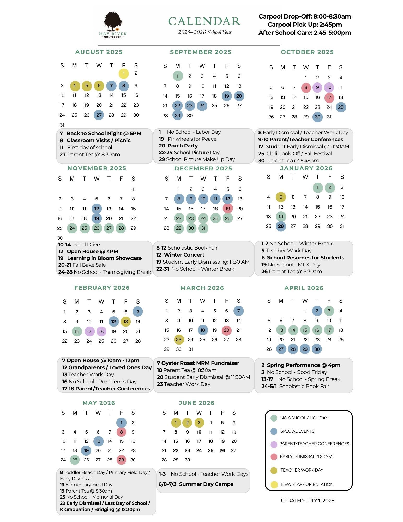 A may river montessori school calendar for 2025-2026
