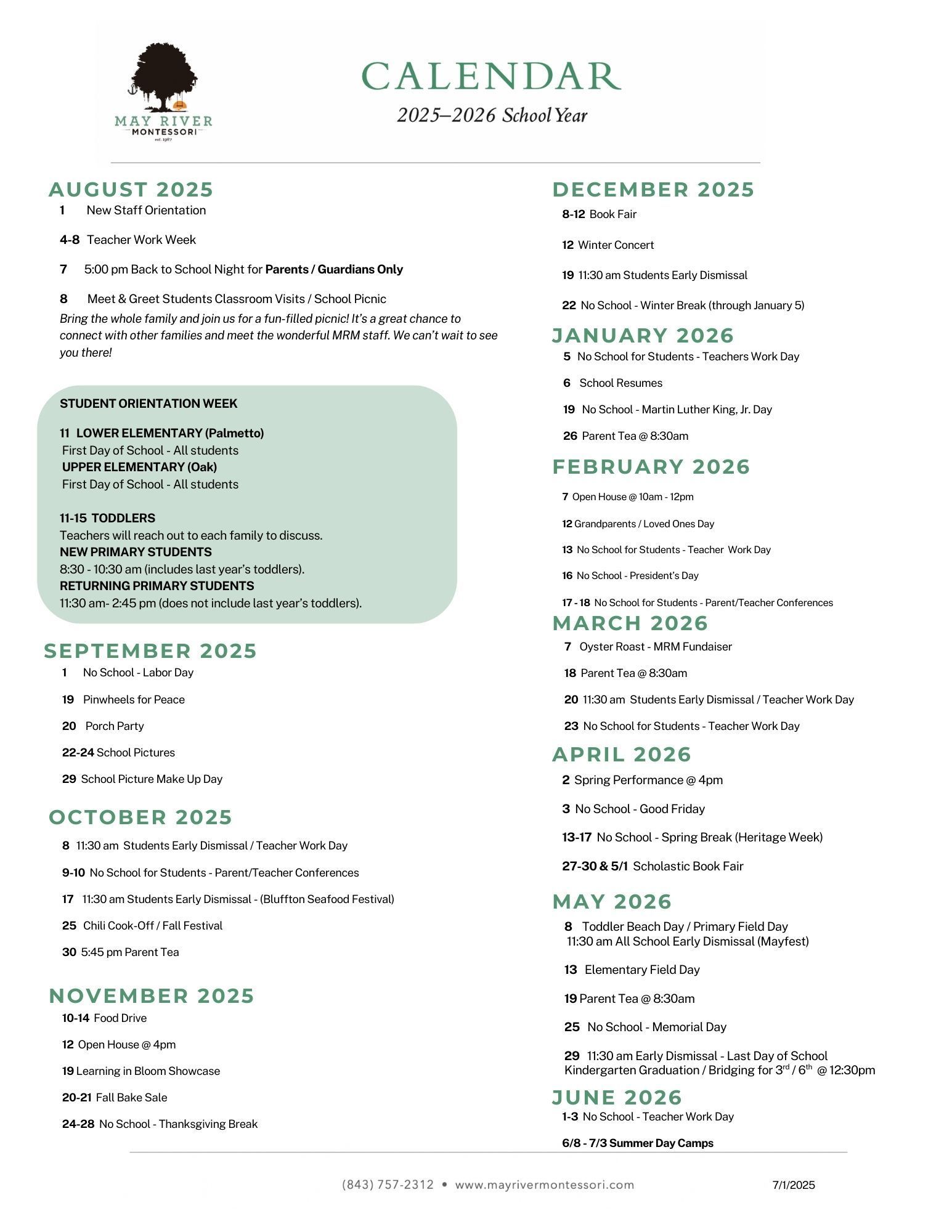 A may river montessori school calendar for 2025-2026