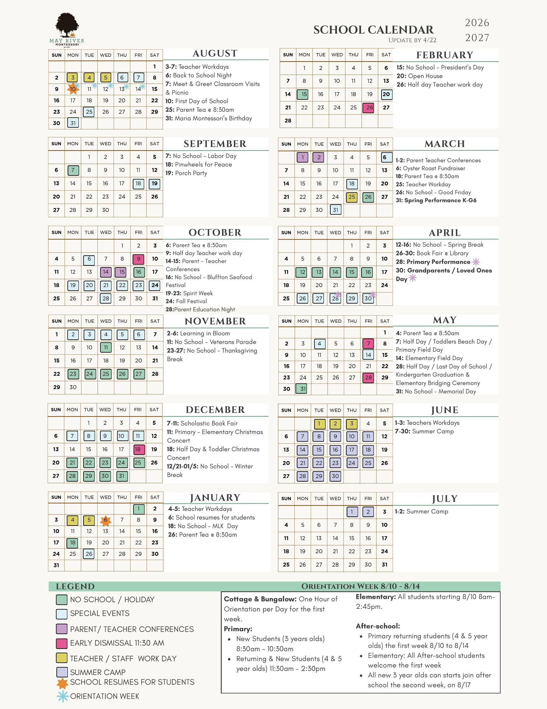 A may river montessori school calendar for 2026-2027