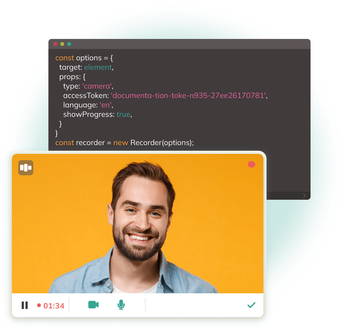 Happy Men in a video in front of an easy integrated code snippet