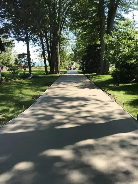 A concrete driveway going through a park with trees on both sides.