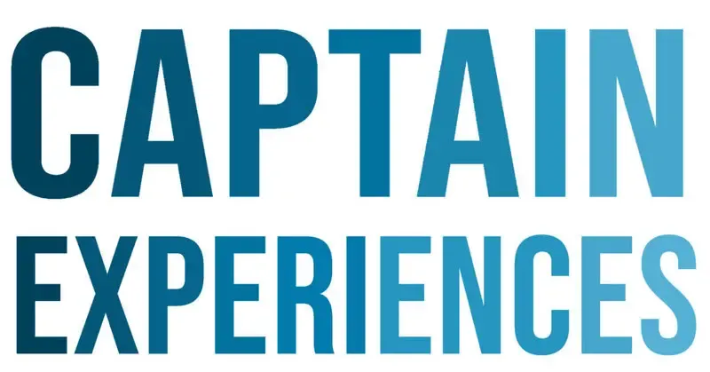 Blue and white Captain Experiences logo with five stars in As Seen On section for Panama City Beach boat tours
