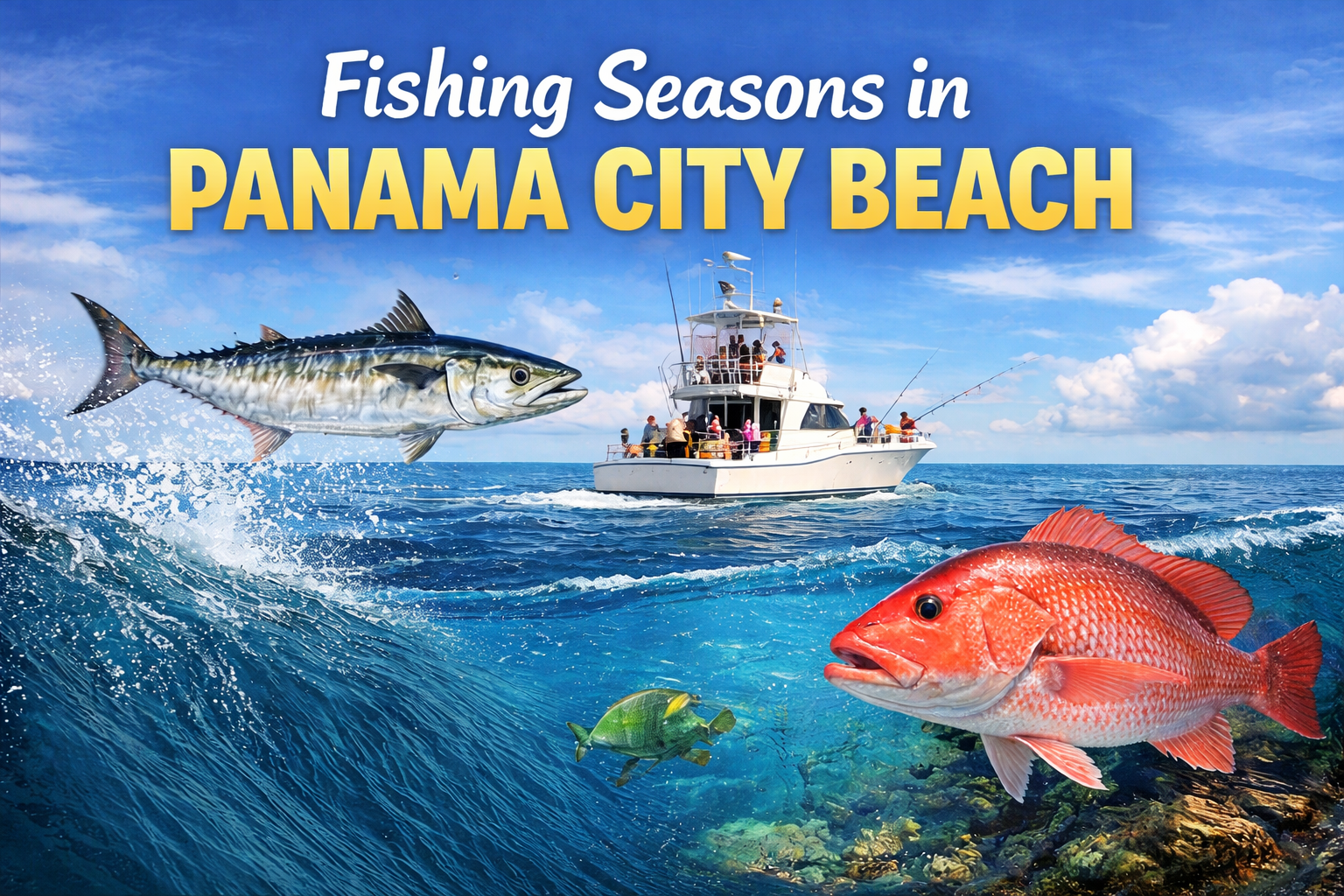 Fishing charter boat in Panama City Beach offshore in the Gulf of Mexico with red snapper and king m