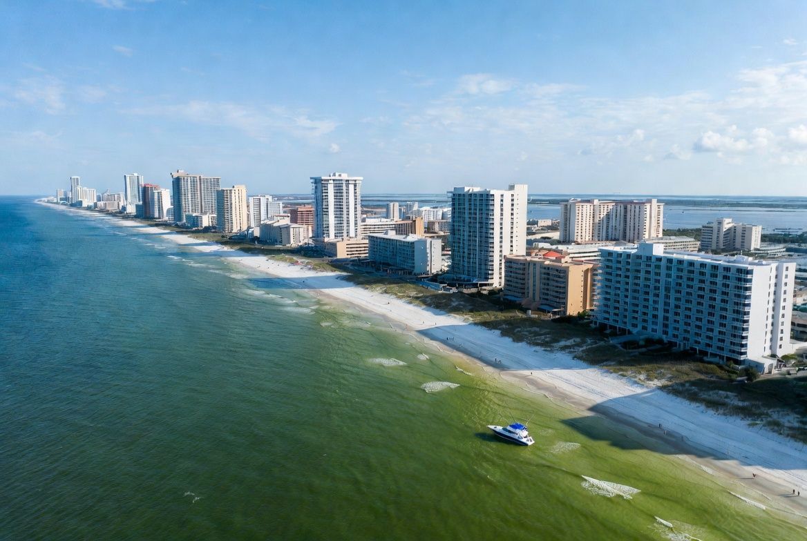 Aerial view of Panama City Beach Florida coastline with emerald green Gulf of Mexico