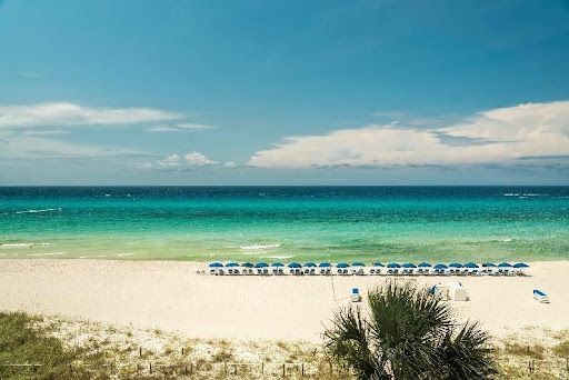 Row of blue umbrellas on sandy beach by the ocean in Panama City Beach, Florida