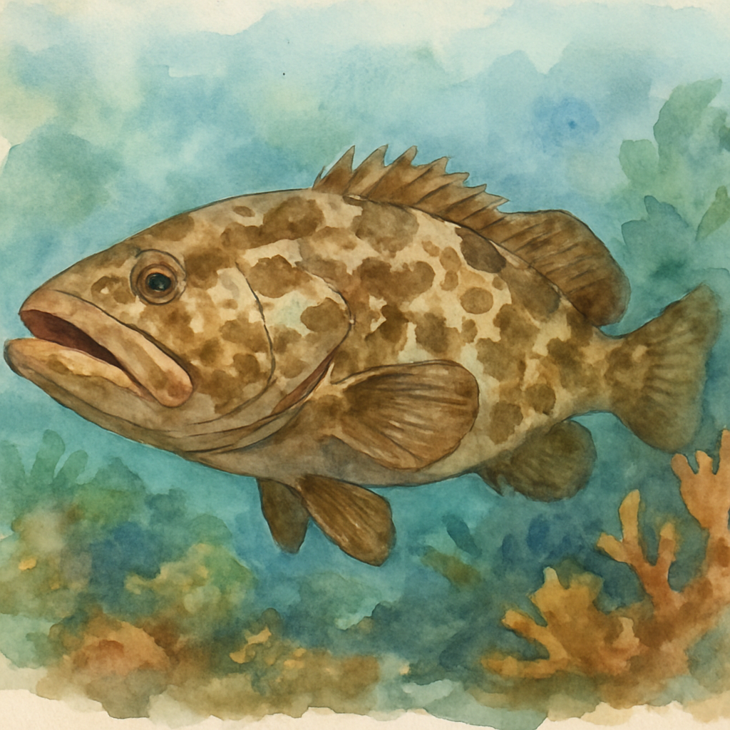 Gag grouper caught on PCB bottom fishing charter watercolor illustration