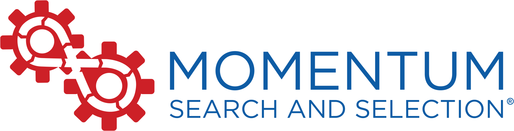 Logo for Momentum Search and Selection: red gears, blue text.