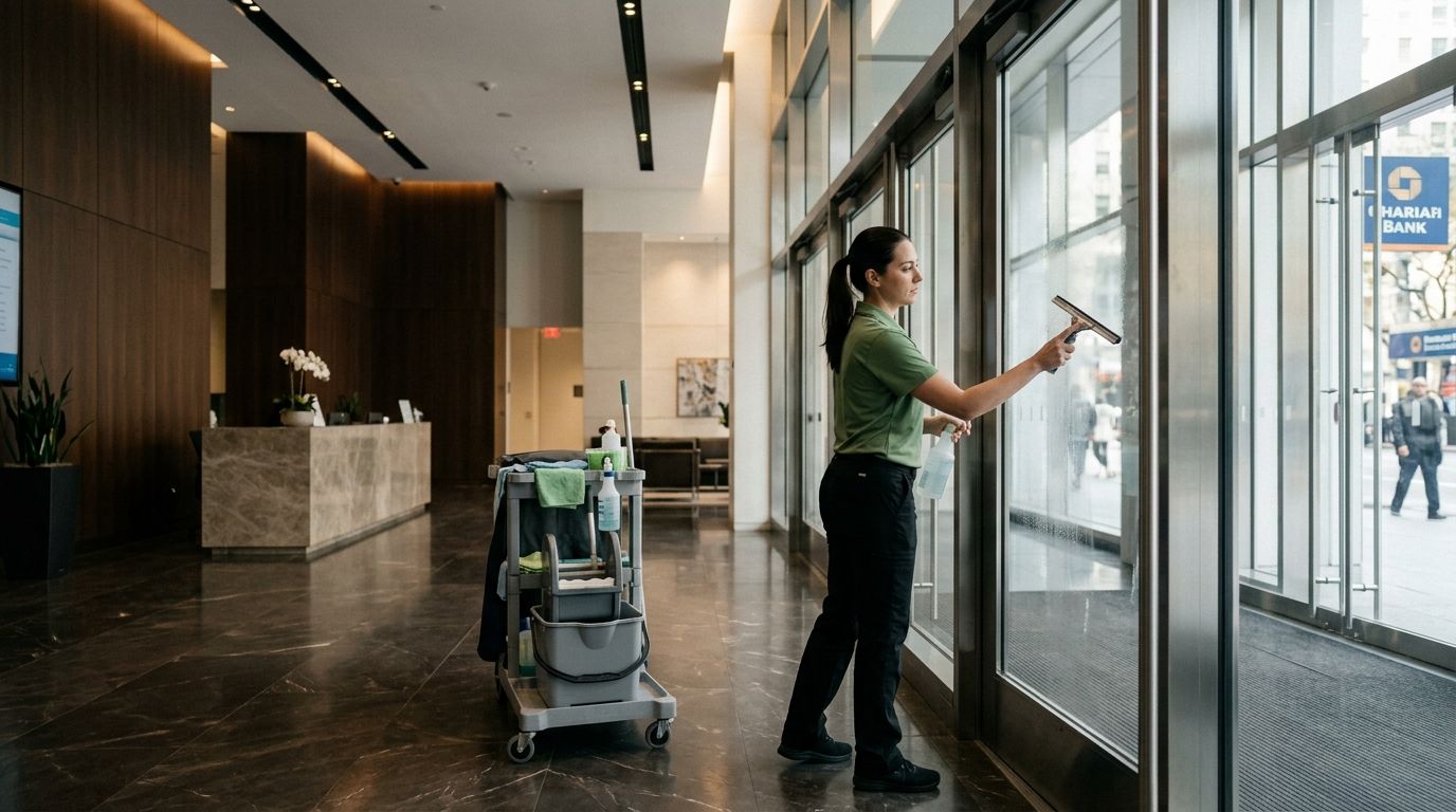 Cleaner cleaning and squeegeeing glass entry doors and lobby windows Edina, MN