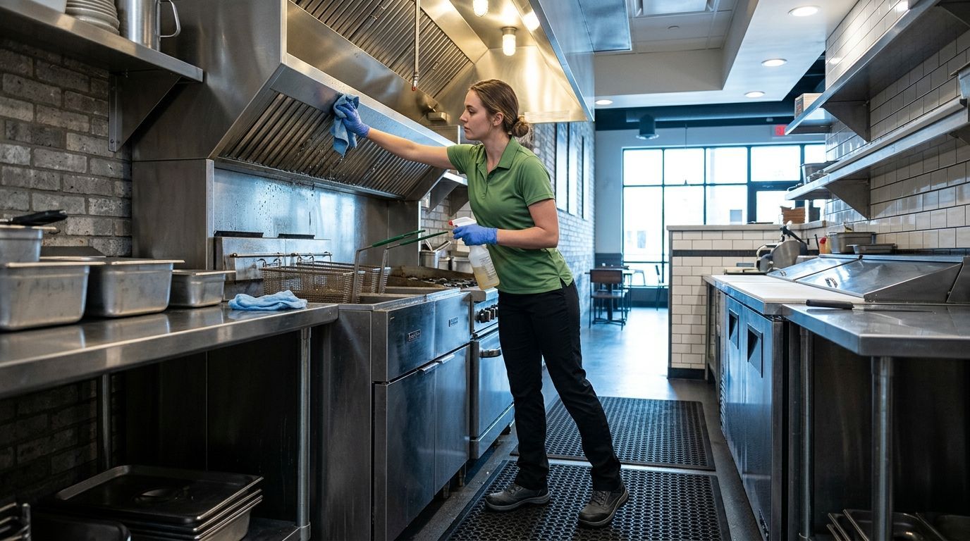 Cleaner degreasing and wiping commercial kitchen hood and cooking surfaces Edina, MN